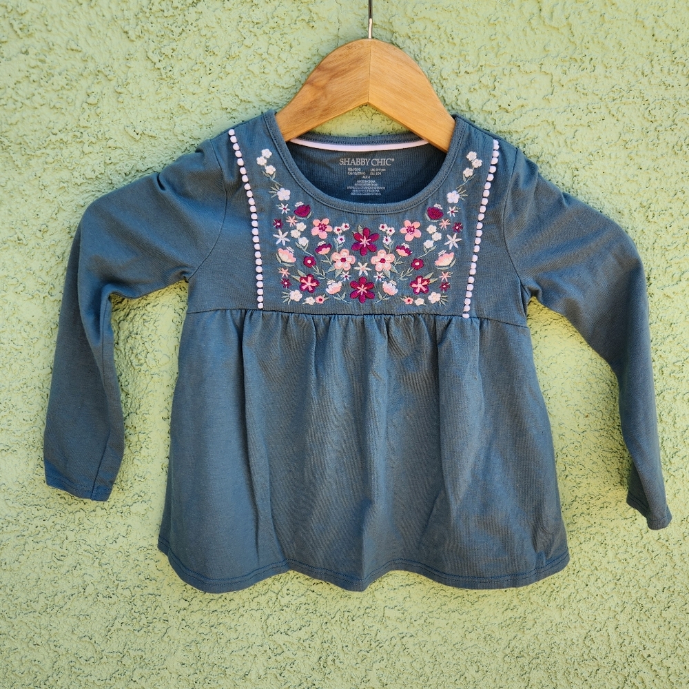 Shabby Chic Girl Embroidered Flowers Long Sleeve Shirt Size 4 Green